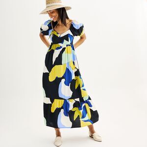 Nine West Blue Yellow Geometric Print Sweetheart Smocked Babydoll Maxi Dress